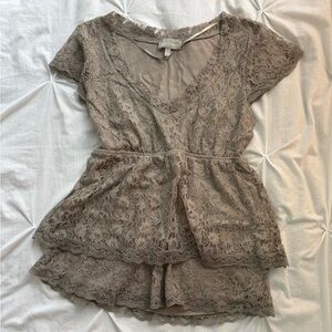 Taupe Y2K Lace Peplum Short-Sleeve Top